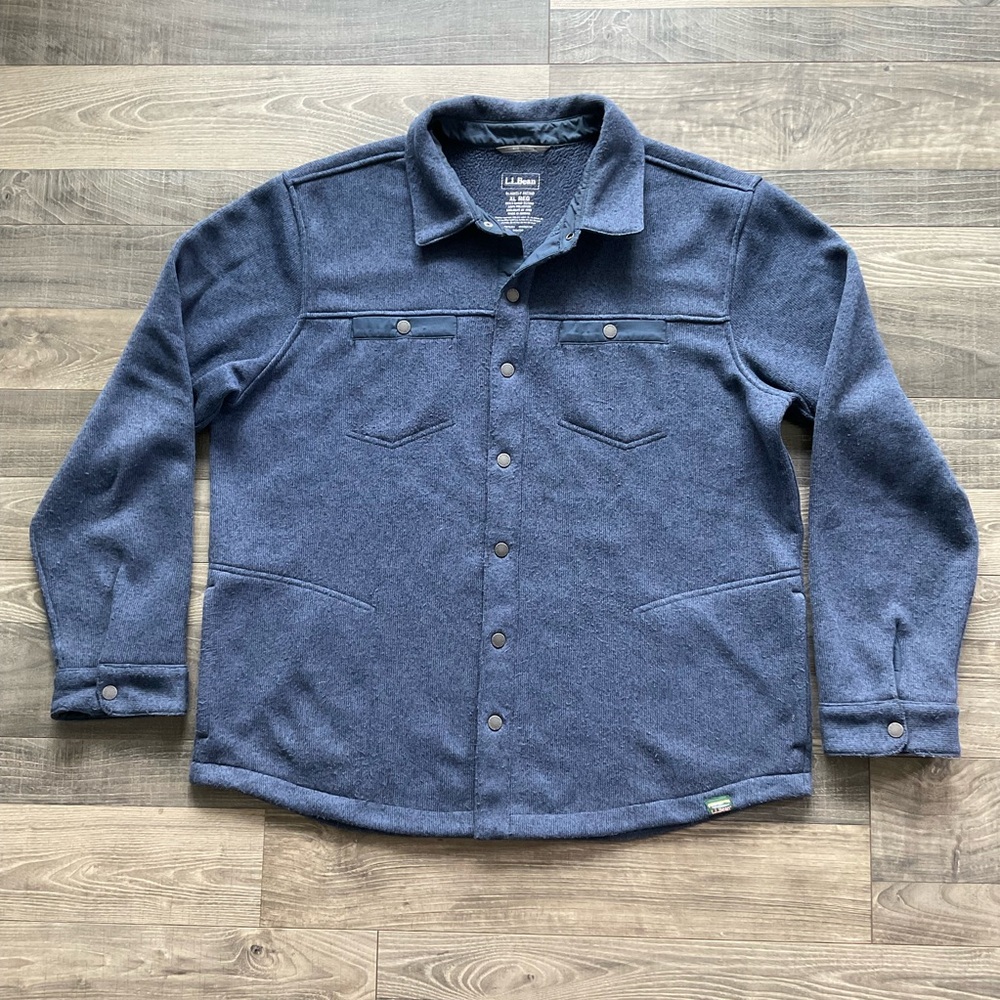 LL Bean Sweater Fleece Shirt Jac Jacket Mens XL Blue Pockets Shacket Snap 514968